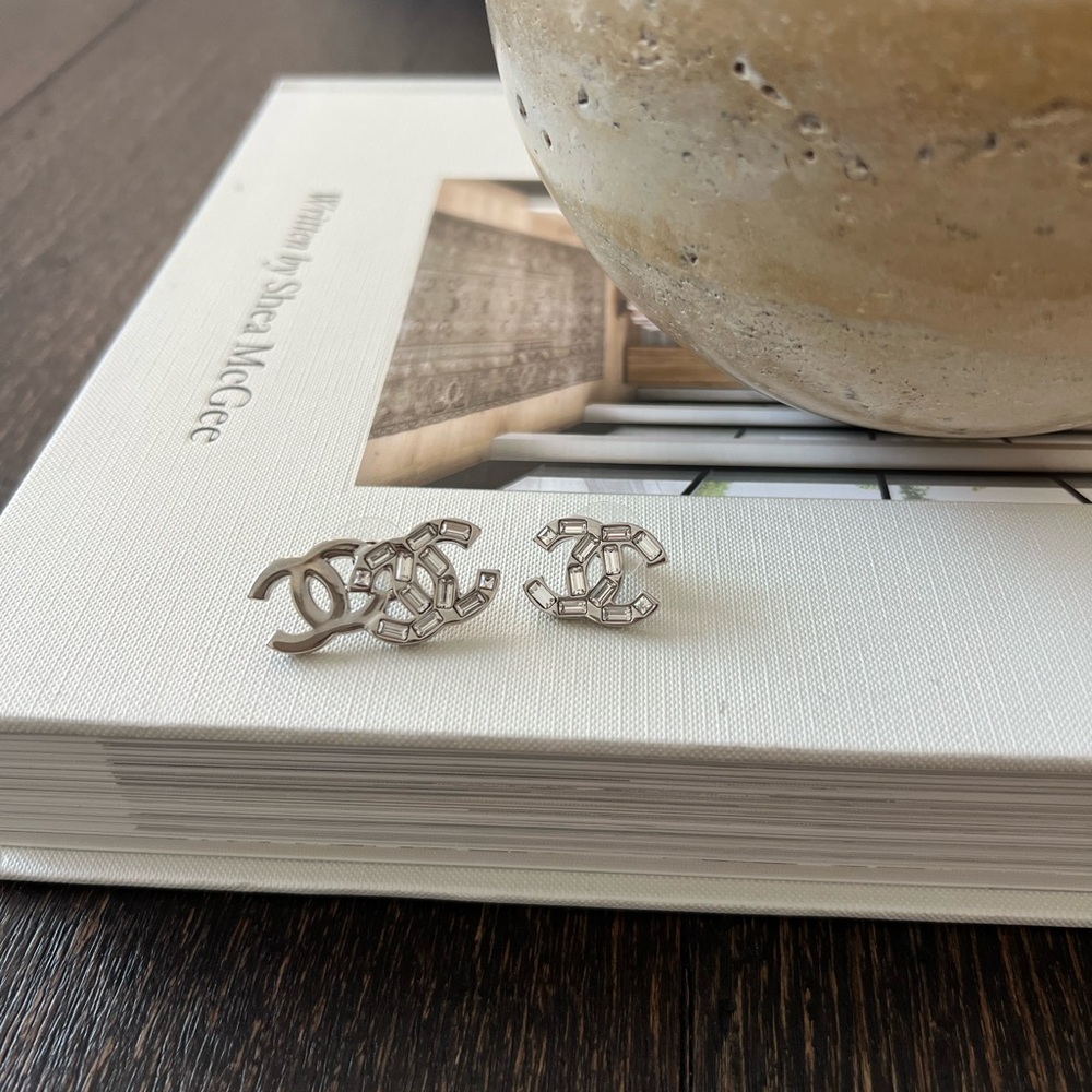 Chanel Asymmetrical Baguette Double CC Stud Earrings Metal and Crystals